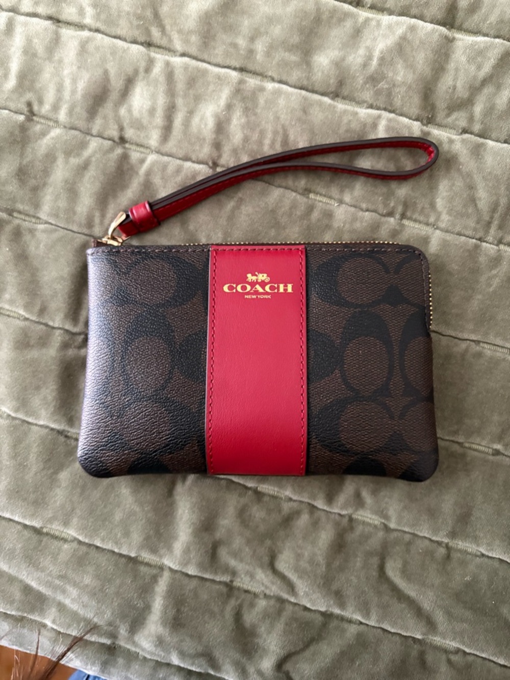 Coach Brown Signature Wristlet with Red Center Stripe